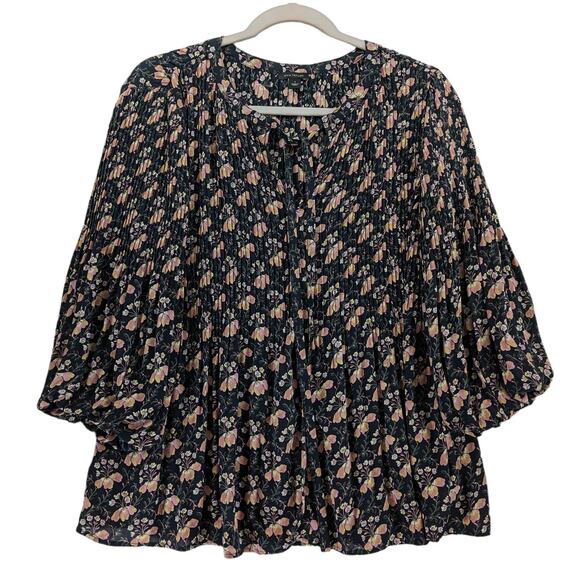 Ann Taylor Floral Tunic S Black Blouse Pleats Top Flowy Tie Neck Puff 3/4 Sleeve - Picture 1 of 11